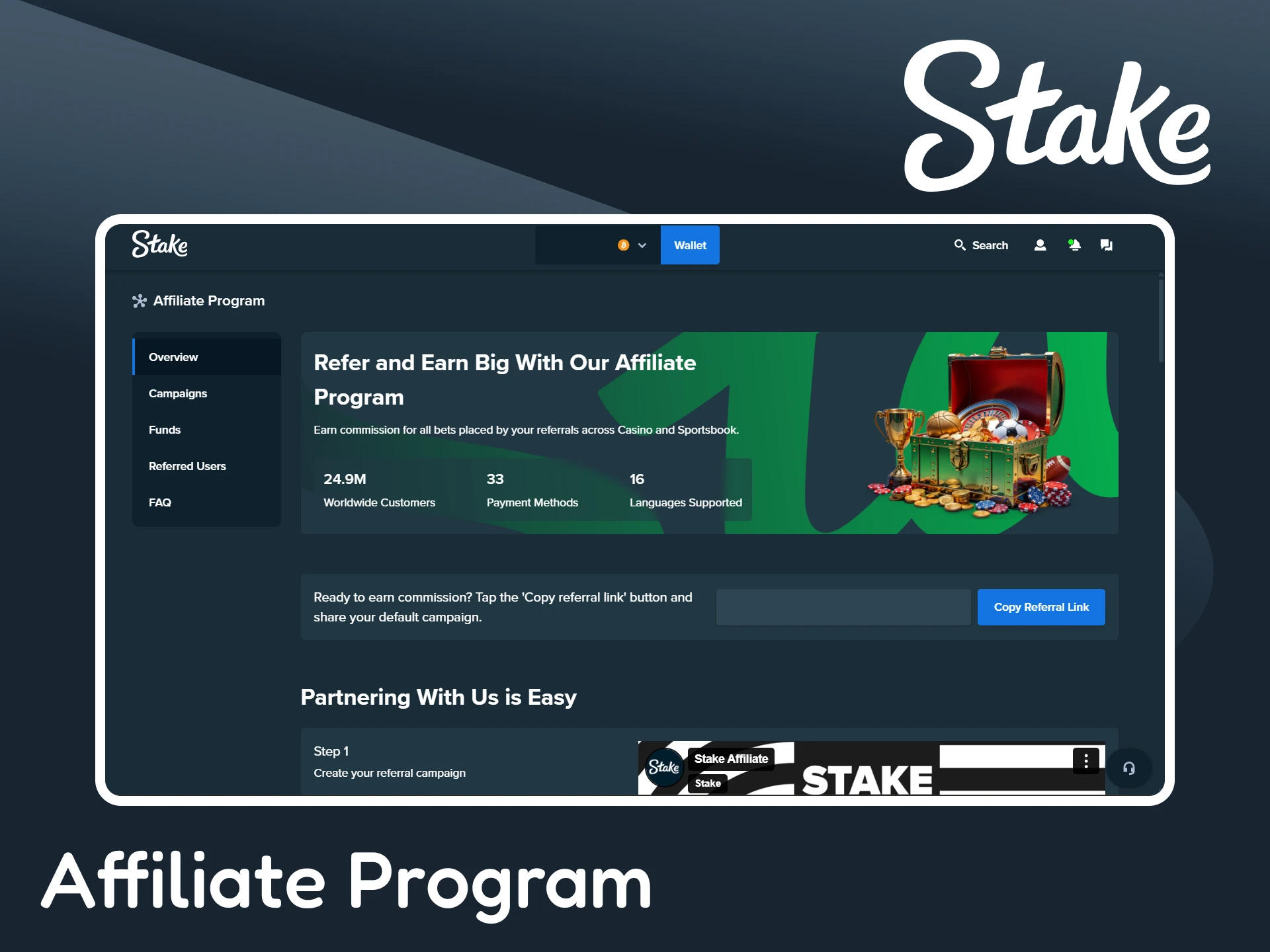 Join the affiliate program and earn rewards from Stake.