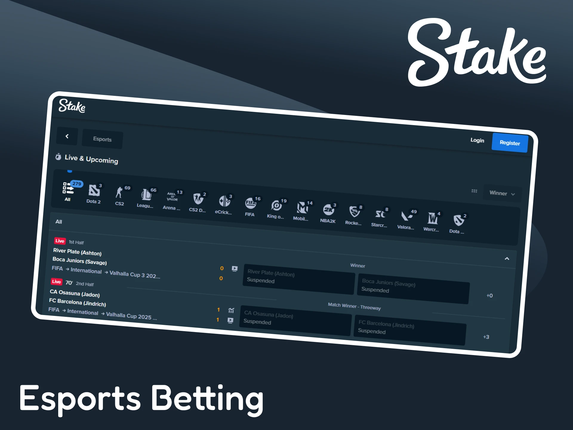 Make bets on Esports on the Stake platform.