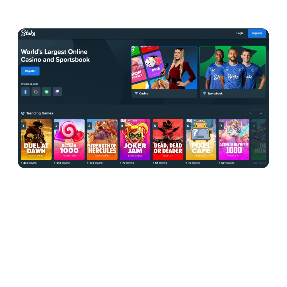 Join the Stake platform and start betting and playing.