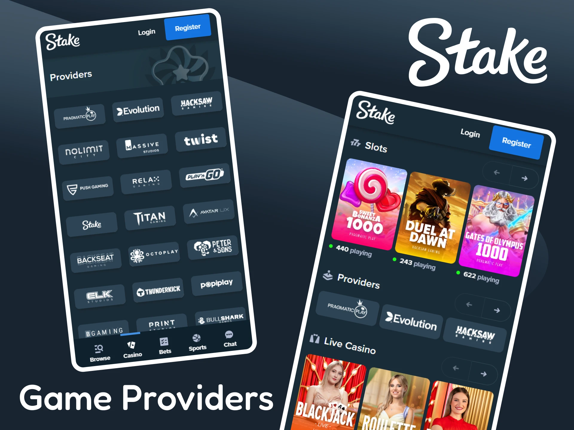 Play games from popular gaming providers at Stake.