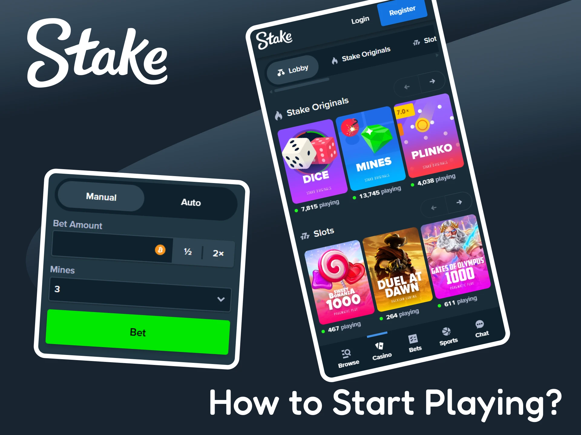 Find out how to start playing games on Stake's mobile version.