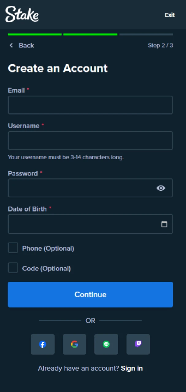 Register on the Stake platform via the mobile version.