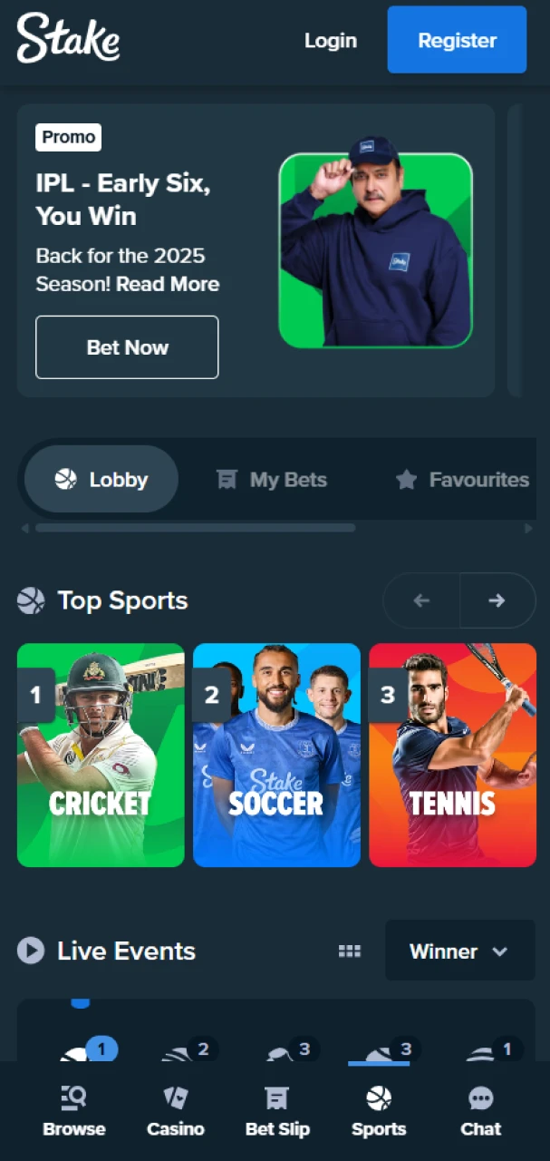 Place bets on sports on the Stake platform.
