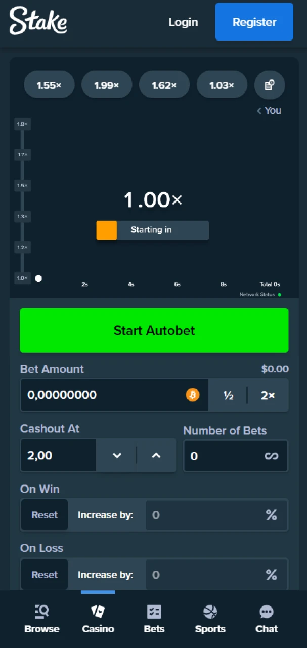 The autobet feature is available in the Crash game from Stake Originals.