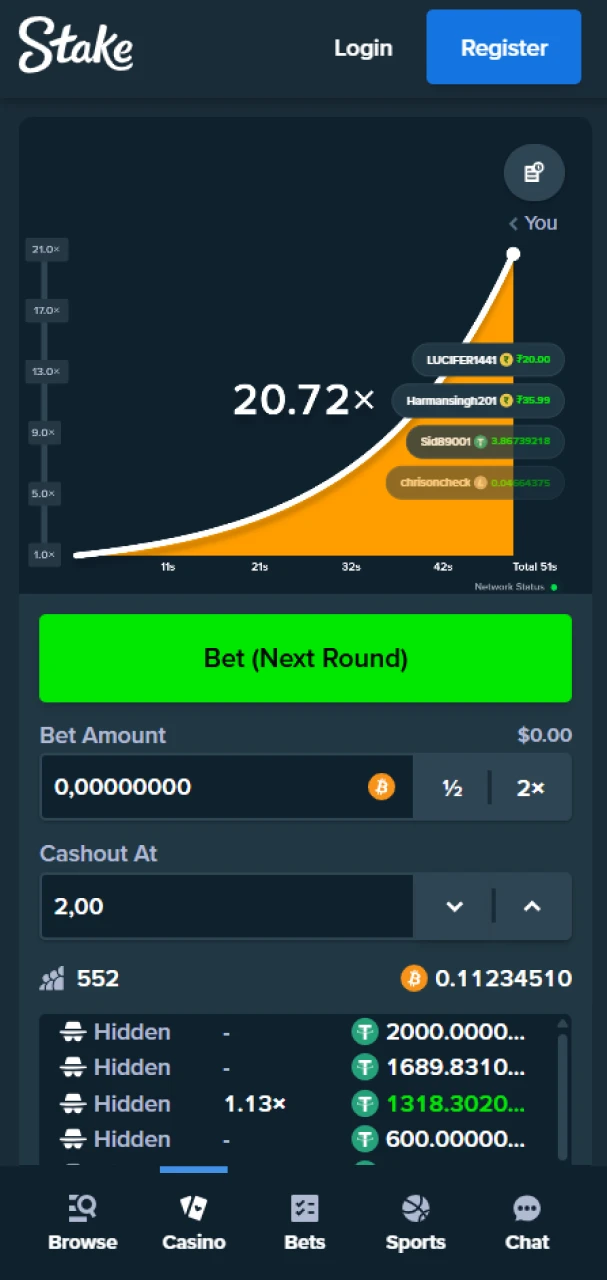 Check out the interface of Crash by Stake Originals.
