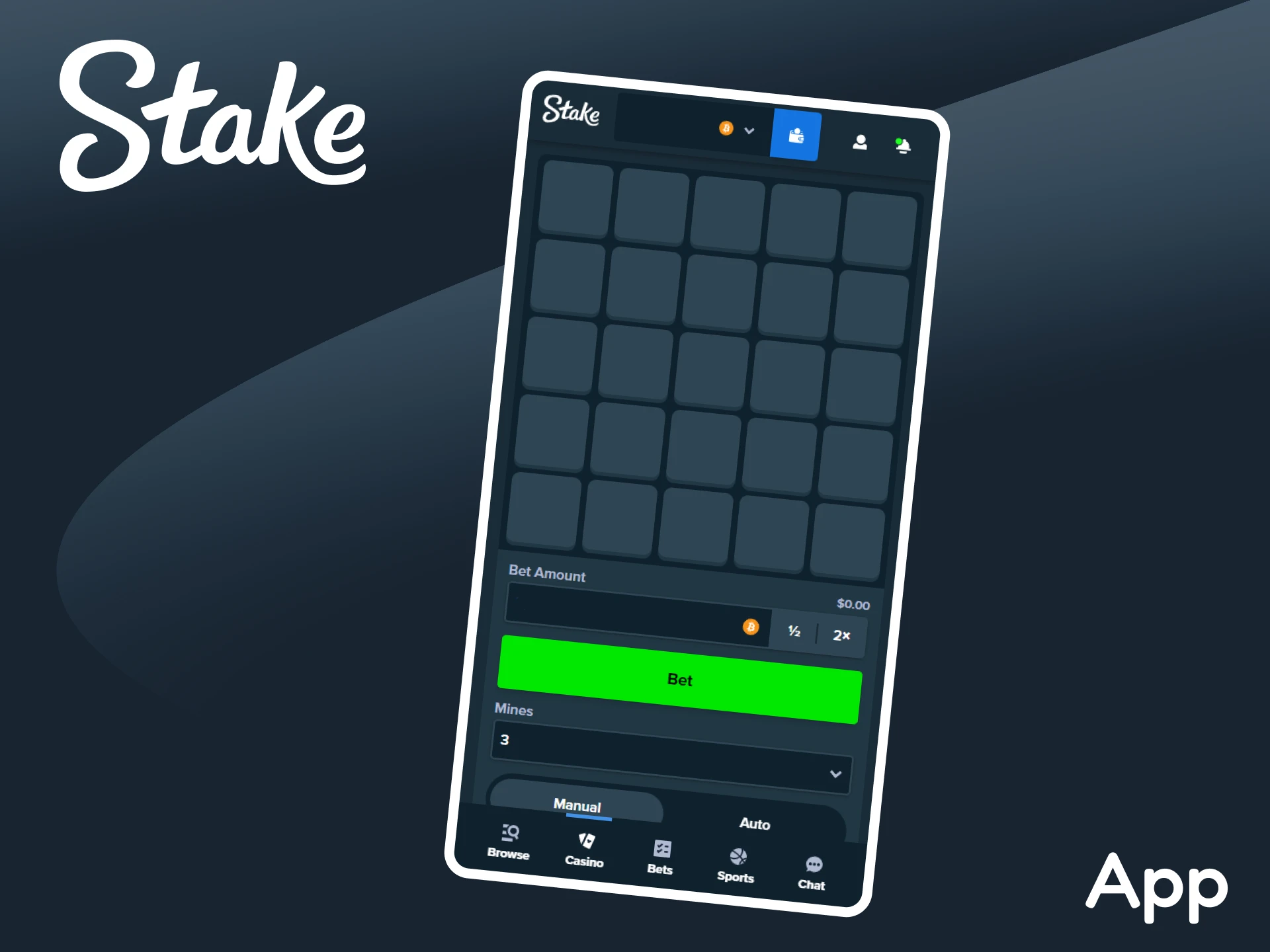 The Mines game is available in the mobile version of Stake.
