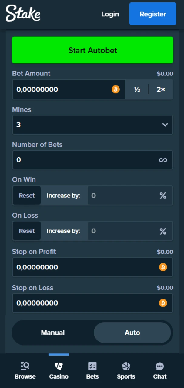 Use the autobet feature in the Mines game from Stake.